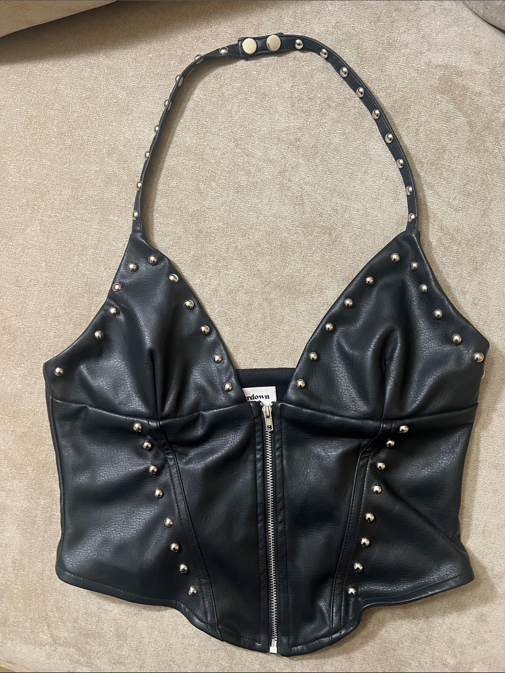 superdown Black Faux Leather Studded Halter Cropped Camisole